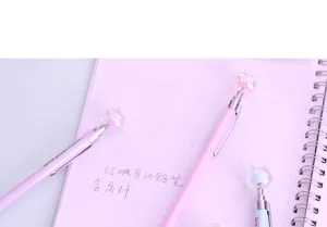 Detail shot of 0.5mm mechanical pencil with cute bear head, metal barrel, pink design.