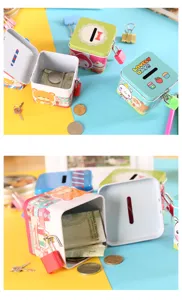Creative mini metal piggy bank with lock cute cartoon storage tin box for kids gift