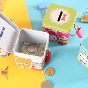 Korean creative metal piggy bank with lock, cute cartoon coin purse storage box for kids.