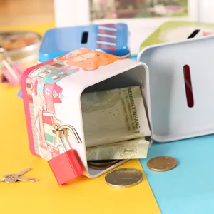 Metal piggy bank square coin storage box with lock cute cartoon design for kids gift cash saving