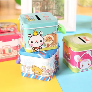 Korean creative metal piggy bank cute cartoon square tin coin box with lock for kids.