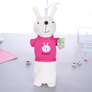 Cute rabbit plush pencil case with pink sweater, soft stationery bag for school kids.