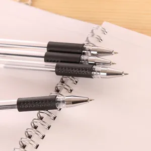 Transparent gel ink pen with black rubber grip placed on a spiral notebook for daily office use.