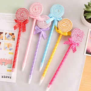 Creative Lollipop Ballpoint Pen Cute Cartoon Plastic Pen With Polka Dot Ribbon Bow School Student Stationery Gift
