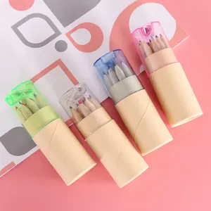 Portable wooden colored pencils set with sharpener cap, creative stationery for kids drawing.
