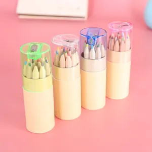 Wooden color pencils set in portable barrel with built-in sharpener cap for kids drawing art.