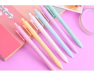 Detailed close-up of colorful macaron gel pens neatly arranged for students and office writing use.
