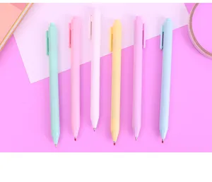 Macaron gel pen detail view showing pastel colored pens neatly arranged on a bright pink surface.