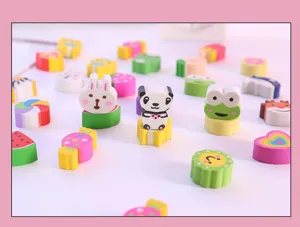 Cute cartoon erasers bulk set, creative student stationery gifts, animal fruit shapes.