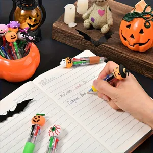 Halloween mini 4-color ballpoint pens with cute cartoon toppers, perfect school gifts.