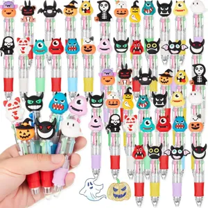 Halloween mini 4-color ballpoint pens with cute cartoon toppers, multi-color school pens