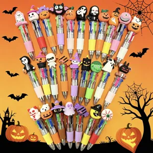 Halloween mini 4-color ballpoint pens with cute cartoon toppers, ideal holiday gift for kids.