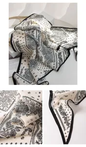 Silk paisley rhombus scarf detail, elegant black and white silk neckerchief for women.