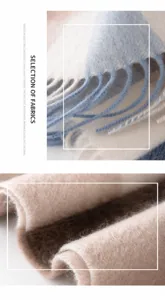 Cashmere scarf detail showcasing exquisite fringe tassel and fine edge stitching for winter.