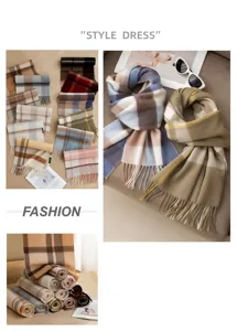 Detailed view of cozy plaid cashmere scarf in warm tones, thick winter neck warmer styling.