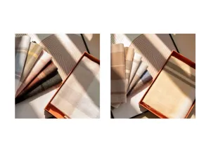 Detailed close-up of double-sided cashmere scarf, cozy plaid and stripe winter warm design.