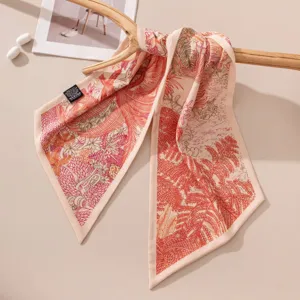 Luxury silk wool scarf for women, elegant tropical plant print oblique ribbon neckerchief for commuting.