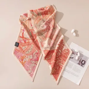 Luxurious silk wool twilly scarf with elegant botanical fern print, perfect chic neckerchief.