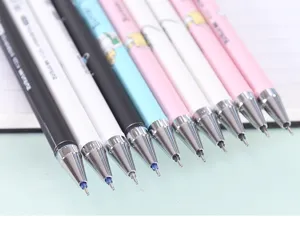 Detail shot of cute cartoon gel pens, 0.5mm black and blue ink, smooth writing for office and school.
