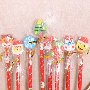 Detail view of colorful Christmas cartoon pencils featuring cute eraser tops and festive gift wrap.