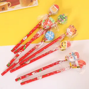 Christmas wooden HB pencil with cute cartoon eraser set for holiday students school stationery gift.