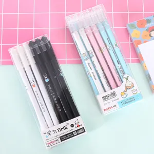 Cartoon erasable gel pen set with clear plastic case, cute stationery for office and school.