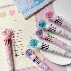 Cute unicorn 10-in-1 multi-color ballpoint pen, cartoon glitter student stationery tool.