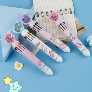Cute unicorn 10-color ballpoint pen with glitter liquid cap, perfect for student writing.