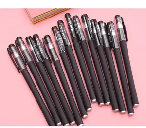 Detailed close-up shot of black gel pens with matte finish barrels and clear clips.