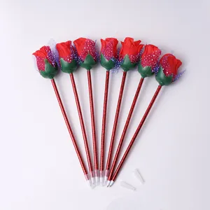 Cute rose flower ballpoint pen detail view, lovely student gift and decorative signature pen.