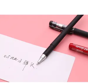 Detail shot of a black gel ink pen with 0.5mm bullet tip and matte finish barrel on pink.