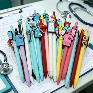 Cute medical nurse doctor theme gel ink pens set with colorful PVC soft rubber toppers for school.