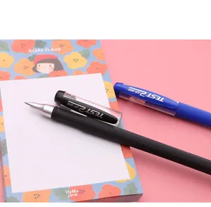 Detailed shot of black and blue matte gel pens placed on a cute floral notepad and pink desk.