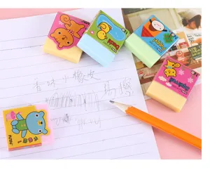 Cute cartoon scented erasers close-up detail, colorful animal stationery gift for students.