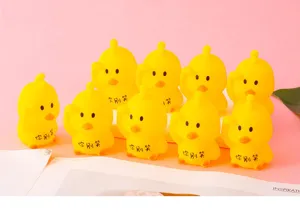 Close-up detail of cute yellow duck squeeze toys, cute fun desktop decompression toy ornament.