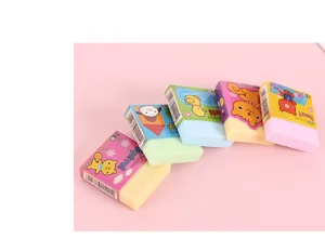 Close-up view of colorful scented cartoon erasers with cute animal sleeve designs.