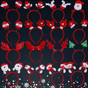 Assorted Christmas headbands with cute antlers, Santa, and snowman for holiday party fun.