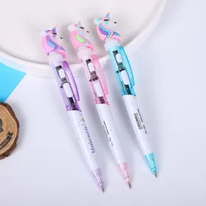 Detailed view of cute unicorn light-up ballpoint pens, smooth writing student stationery.