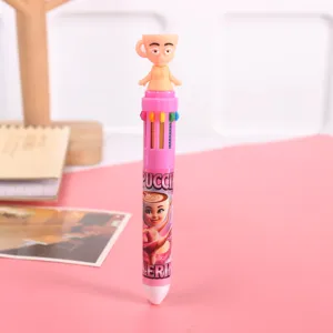 Cute multi-color ballpoint pen with cartoon figurine topper, 10-color student stationery.