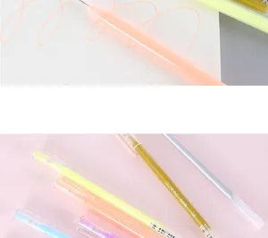 Detail view of colorful glitter gel pens showing smooth writing lines and pastel pen barrels.