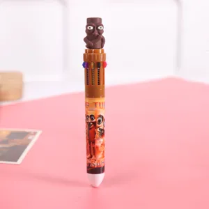Detail shot of the quirky multi-color ballpoint pen featuring funny abstract character design.