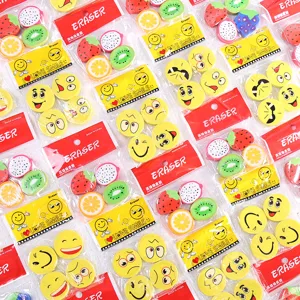 Set di gomme per cancellare emoji sorridenti e frutta, cancelleria creativa carina per bambini.