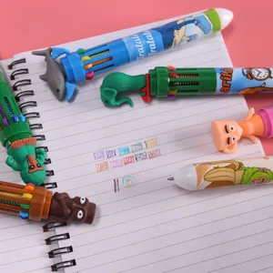 Cute 10-color retractable ballpoint pen with funny cartoon animal toppers for journaling.