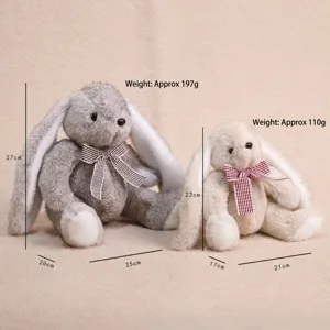Tableau des tailles de peluches de lapin aux longues oreilles avec noeud papillon.