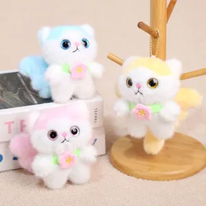 Cute plush cat keychain with flower collar, soft stuffed animal doll pendant toy.