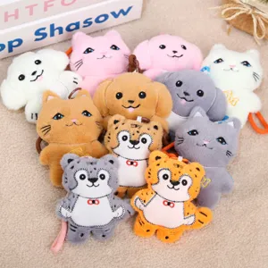 Cute embroidery animal plush pendant keychain set, soft cartoon tiger cat dog bag charm toy.