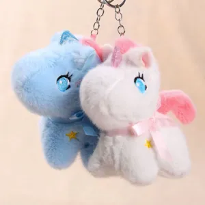 Bonito juego de llavero de unicornio de peluche, colgante de bolso pony suave con lazos.