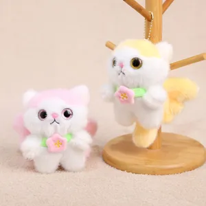 Cute floral angel cat plush pendant, soft stuffed animal toy keychain with glitter eyes for bags.