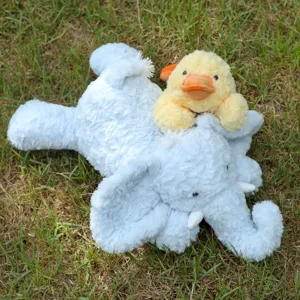 Plush elephant and yellow duck toy set, soft stuffed animals for kids cuddling and room decor.
