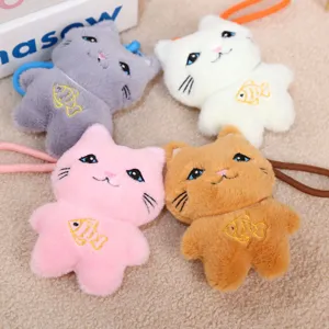 Cute plush cat pendant with embroidered fish detail, soft toy bag charm and gift.